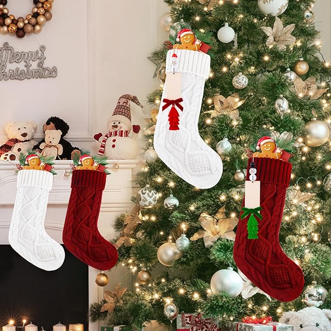 6 Pack Christmas Stockings 18 Inch Cable Knit Stockings with Personalized Snowman Name Tags, Red and White Large Xmas Hanging Stockings with Velvet Bows for Fireplace Mantel Holiday Family Decor