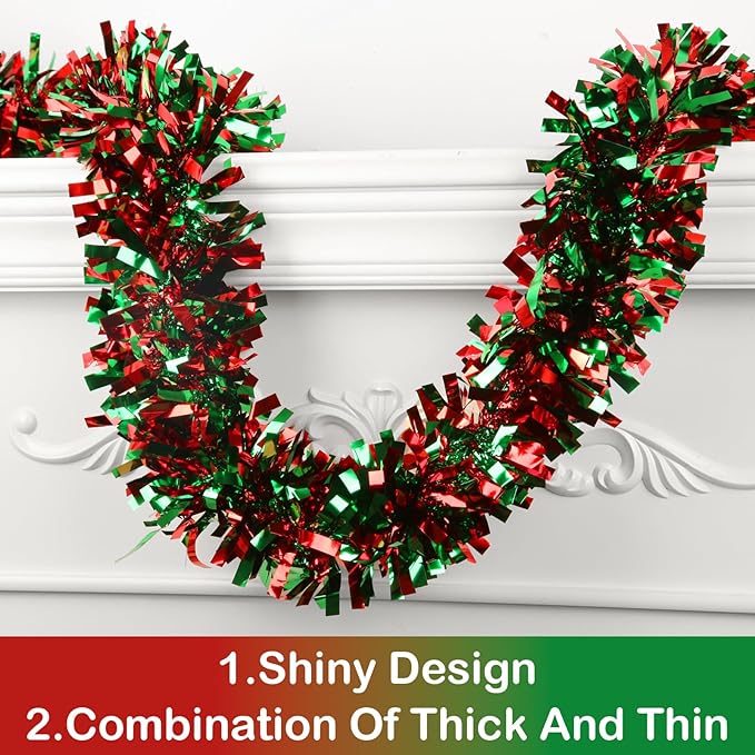 50FT Christmas Tinsel Garland - Metallic Tinsel Twist Garland for Christmas Tree Decorations, Xmas Tree Decor for Holiday Home Indoor Outdoor Party Supplies (Green and Red)