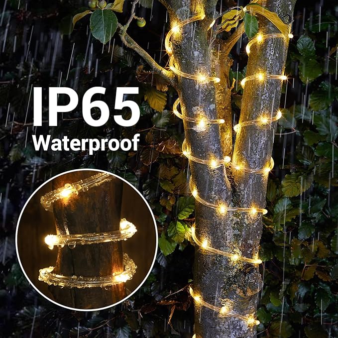 Solar Rope Lights, 2 Pack Total 66ft 200LED Solar String Lights, 8 Modes Waterproof Solar Powered Outdoor Light, Flexible Clear Tube Light for Garden Yard Patio Deck Porch Pool Tree Decor - Warm White