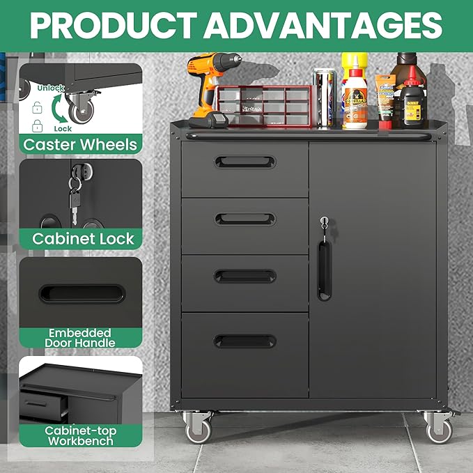 Garage Cabinets,Metal Garage Storage Cabinet with Wheels,Black Lockable Rolling Tool Cabinet with Drawer and Adjustable Shelves,Heavy Duty Tool Chest for Home Office Utility Room