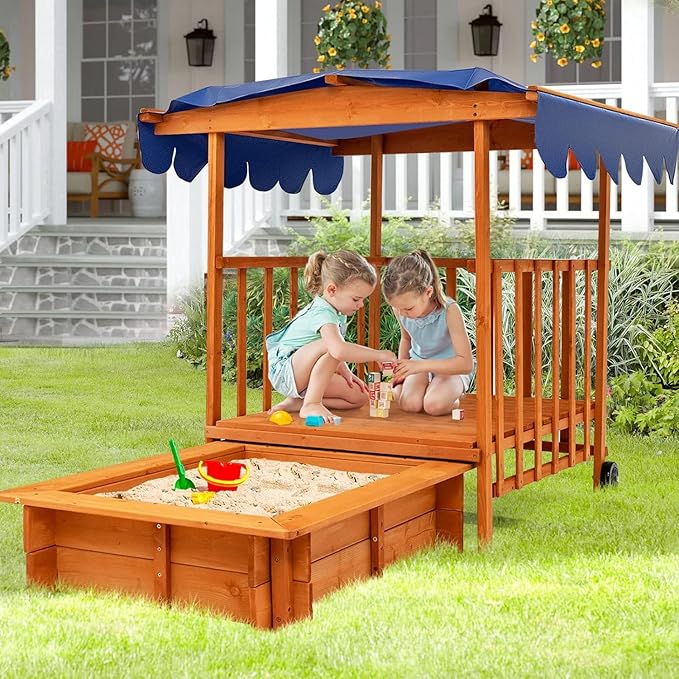 Costzon Kids Retractable Sandbox with Canopy, Wooden Cedar Cabana Playhouse w/Large Play Area, Rear Wheels and Guardrails for Backyard Garden Lawn Beach, Sandbox with Lid for Children Outdoor Play