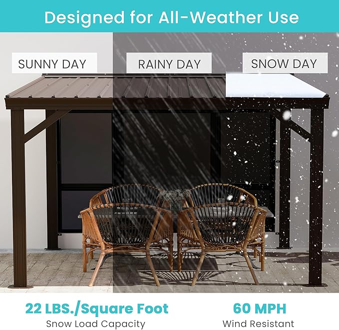 Domi 10' x 10' Lean to Gazebo, Wall Mounted Gazebos Pergola with Built in Drainage System, Galvanized Steel Roof, Hardtop Patio Shelter for Deck, Porch, Backyard and More,Brown