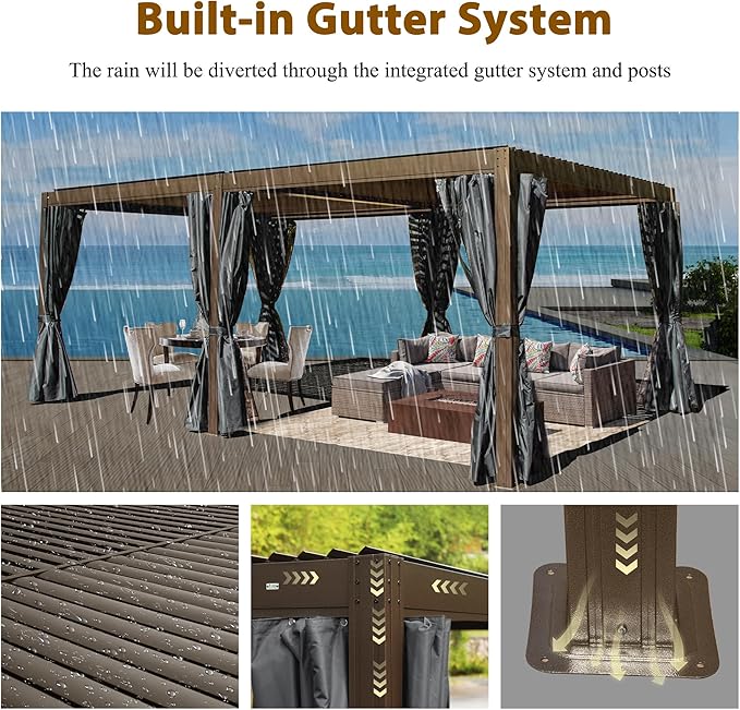 Domi 12x20FT Louvered Pergola, Full Aluminum Pergola with Adjustable Louvered Roof, Outdoor Pergola with Waterproof Curtains and Netting, Dark Brown