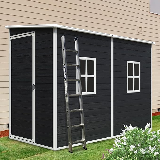 4x8 FT Resin Storage Sheds Outdoor with Floor, 2 Windows & Lockable Door Storage Shed - Waterproof Garden Tool Shed, Patio & Backyard Tool Storage Cabinet Use - Black