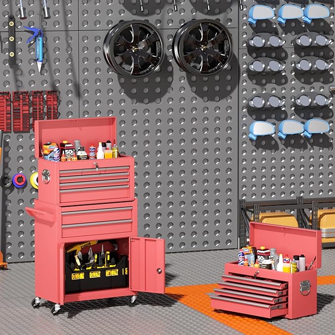 INTERGREAT Tool Chest, Assembled Tool Cabinet with 8 Drawers, Detachable Organized Tool Chests, Lockable Tool Cabinet for Workshop, Warehouse, Mechanics Garage (Pink)