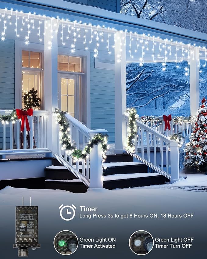 Christmas Lights Outdoor, 53 FT 486 LED Christmas Light for Outside, Timer & Memory, Plug in 8 Modes Hanging Fairy Light with 108 Drops for House Eaves Yard Patio Holidays Decorations, Cool White