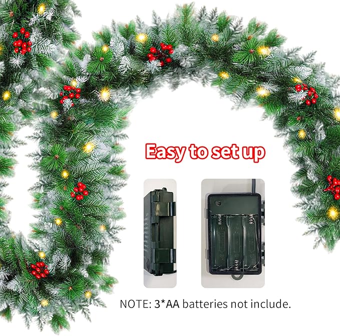 9FT Artificial Christmas Garland with LED Light Battery Operated Light Garland with 30 LED Warm Lights and 18 Red Berries for Mantle Stairs Fireplace Xmas Decoration
