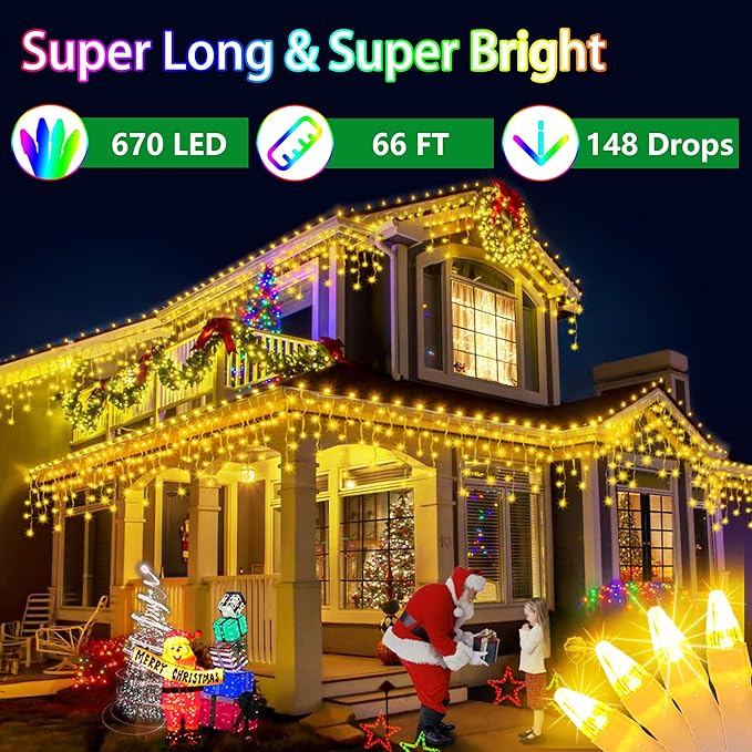 66FT 670 LED Christmas Lights 148 Ice Drops, 12 Modes and Timer Memory Dimmable, Outdoor Waterproof Hanging String Light for Xmas Holiday Wedding Garden Fence House Tree Outside Decor (Warm White)