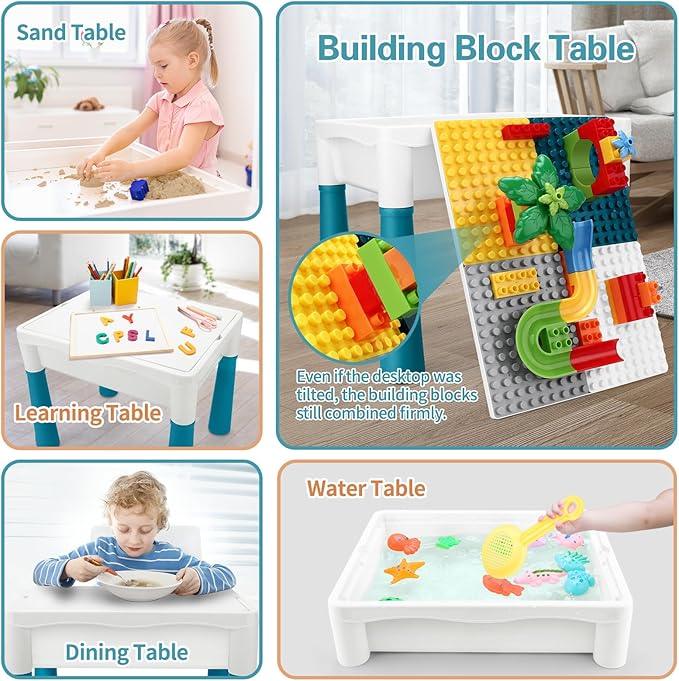 Kids Activity Table, 6-in-1 Play Table Chair Set - Adjustable Height, Storage Box, 105pcs Marble Run Building Blocks, Water & Sand Table Playset Toy Gift for Toddlers