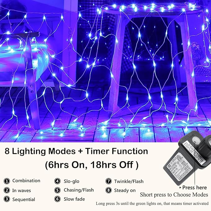 Joomer Christmas Net Lights - 12FT x 5FT 360 LED Plug-in Mesh Lights, Waterproof with 8 Modes, Timer, Connectable for Bushes, Trees, Garden, Outdoor Christmas Decor (Clear Wire, Blue)