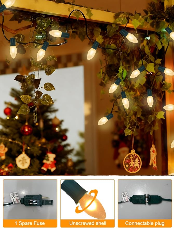 25Ft Frosted White Christmas Lights C9 Vintage Christmas String Lights with 26 Frosted White Bulbs(1 Spare) Hanging Outdoor String Lights for Patio Holidays Christmas Prom Party Wedding- Green Wire