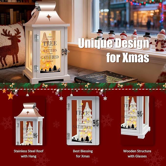 Ceramic Christmas Tree That Light up for Table Centerpieces, 15.1" Tall Lantern Indoor Party Decor, Hanging Candle Lantern for Home, Holidays Tabletop Décor Gift, Xmas Tree Figurine