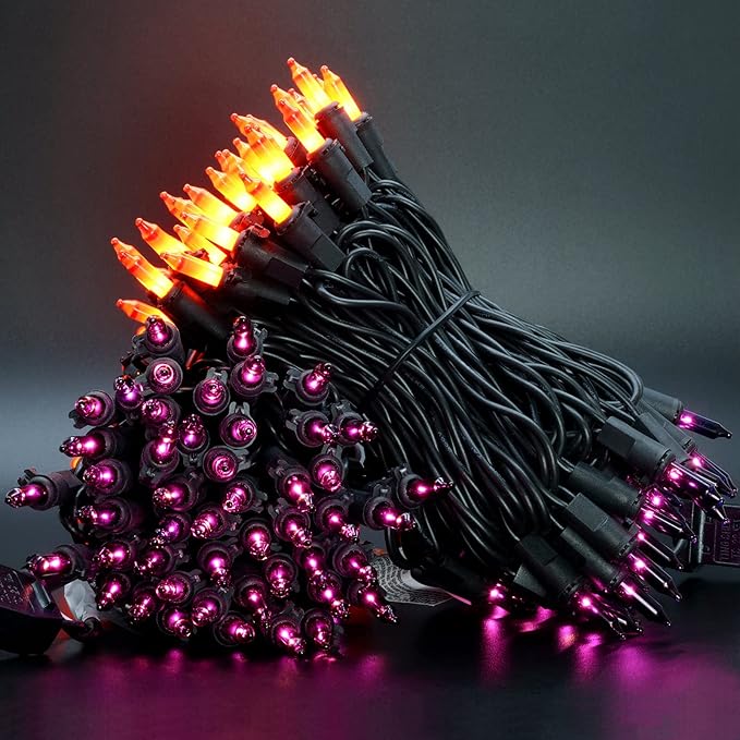 YULETIME 200 Orange & Purple Halloween Lights with Black Wire, Pack of 2 Sets 33 ft 100 Count UL Certified Christmas String Lights (Orange & Purple)