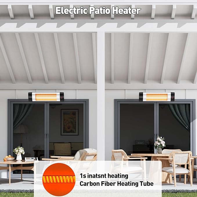 Wall Mounted Infrared Heater with 1 Seconds Instant Warmth, Quiet Electric Radiant Heating for Garage Greenhouse Porch, 1500W Adjustable Temperature Patio Heater