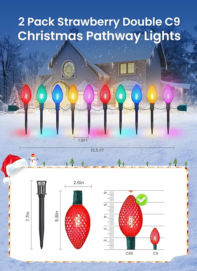 Minetom Double C9 Christmas Pathway Lights Outdoor - 2 Pack 13.5Ft 10 LED With 10 Marker Stakes for Walkway, Waterproof Plug-in C9 Strawberry Lights for Driveway Lawn Decorations