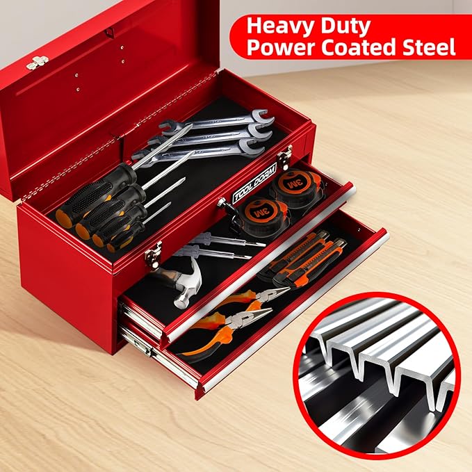 20.3¡° Metal Tool Box with Drawer Portable Steel Tool Box with Liner and Latch Closure and Lock for Garage, Home and Warehouse (Red-2 Drawers)