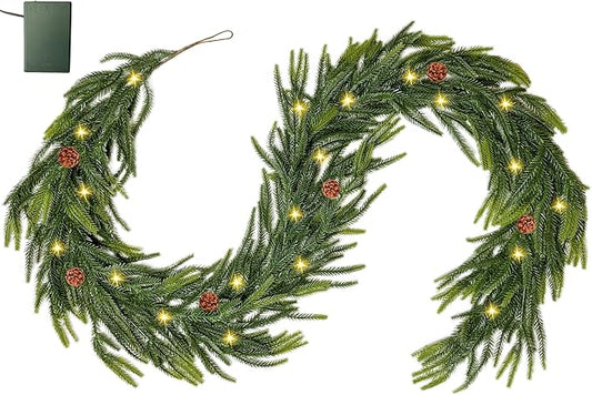 6 Ft Norfolk Pine Garland, Christmas Garland with Lights Automatic ON/Off, Christmas Decorations Indoor Outdoor, Real Touch Artificial Cedar Garland for Table, Fireplace, Mantle, Wall