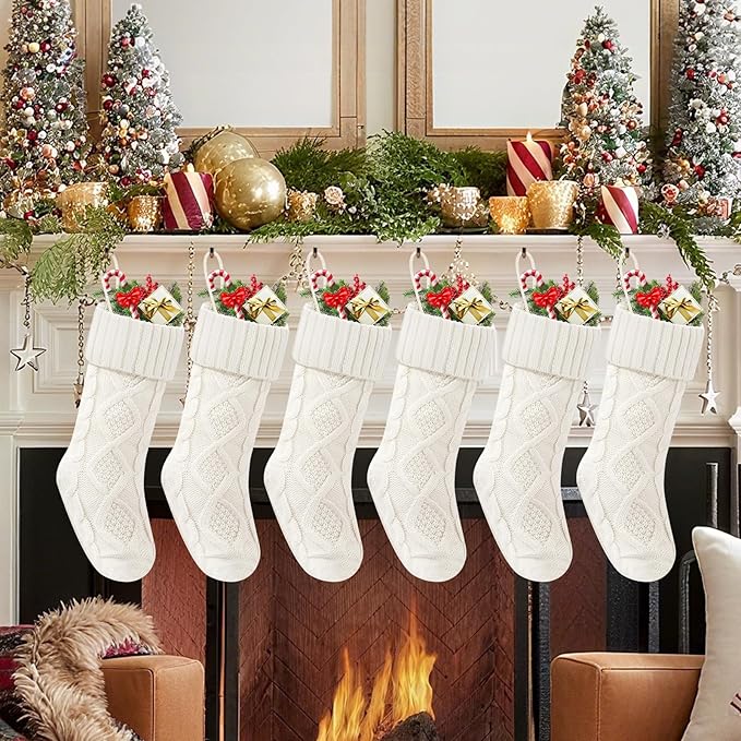 Christmas Stockings 18 Inches,Long Knitted Socks Christmas Decoration Hanging Stocking Fireplace Xmas Tree Stocking for Home Family（6 White）