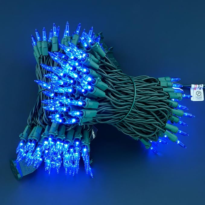 YULETIME 200 Blue Christmas Lights, Pack of 2 Sets 33 Feet 100 Count UL Certified Incandescent-Like LED Mini String Lights (Blue - Green Wire)