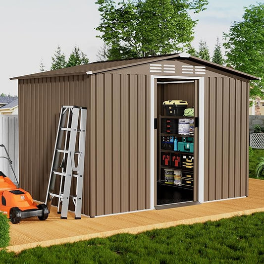 8x6FT Outdoor Storage Shed with Floor,Lockable Sliding Doors Outdoor Waterproof Tool Storage Sheds,Metal Storage Shed for Garden, Patio, Backyard(Brown)