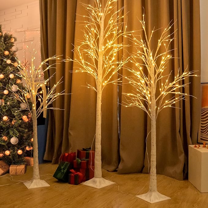 Garsing Lighted Birch Tree Set of 5ft, 6ft and 8ft, Lights Artificial Christmas Tree for Home, Festival, Party and Holiday Decoration, Indoor and Outdoor Use (3 Pack, Warm White)