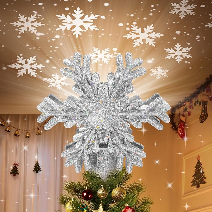 Christmas Tree Topper Lighted with Built-in LED Rotating Snowflake Projector, 3D Hollow Glitter Silver Snowflake Tree Topper for Xmas Party Holiday Christmas Decorations