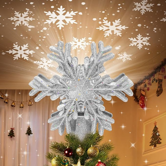 Christmas Tree Topper Lighted with Built-in LED Rotating Snowflake Projector, 3D Hollow Glitter Silver Snowflake Tree Topper for Xmas Party Holiday Christmas Decorations