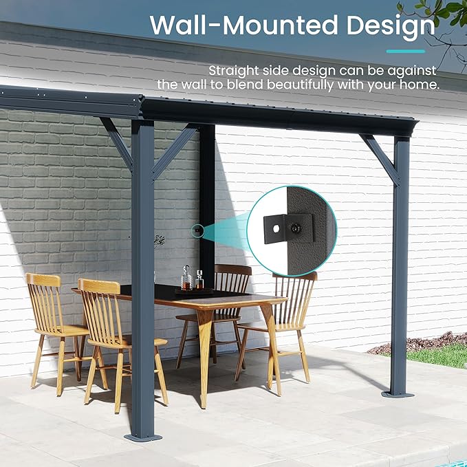 Domi 10' x 12' Lean to Gazebo, Wall Mounted Gazebos Pergola with Built in Drainage System, Galvanized Steel Roof, Hardtop Patio Shelter for Deck, Porch, Backyard and More