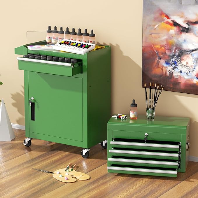 INTERGREAT Tool Chest Cabinet, 5-Drawer Rolling Tool Chest with Detachable Top Tool Box, Tool Chests with Universal Lockable Wheels, Metal Tool Cart for Garage, Workshop, Barbershop(Green)
