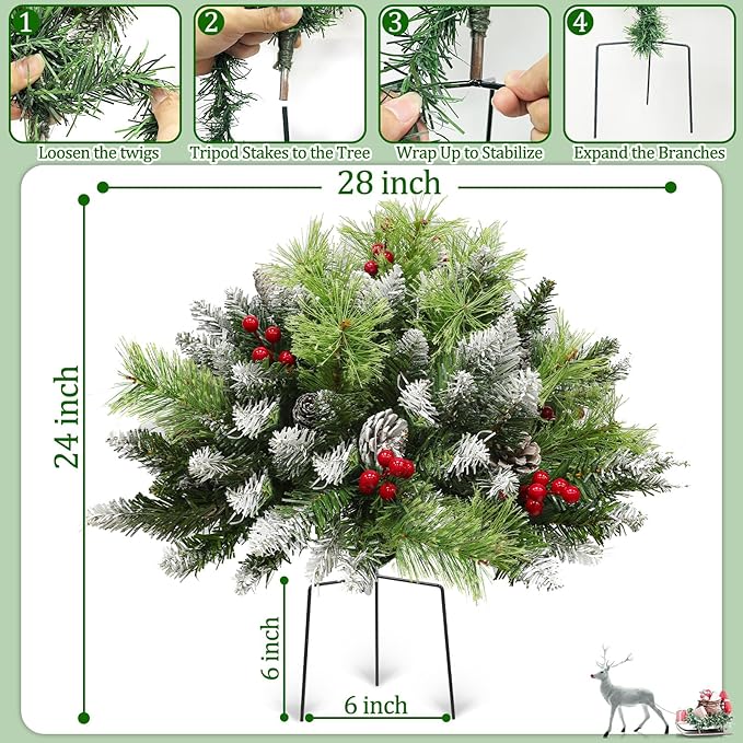 Timer Dual Color Change 2 Pack Christmas Tree Outdoor Urn Filler 24Inch Artificial Snowy Pinecone Red Berries Tripod Stake Warm White & Colorful Lights Battery Operated 8 Mode Porch Decor Pathway Yard