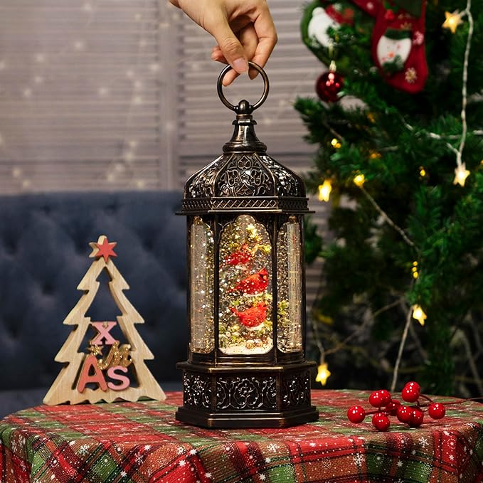 12.8" Christmas Snow Globe Lantern Christmas Decorations Indoor with Swirling Glitter Three Cardinals in The Tree, Lighted Musical Snow Globes for Home Decoration USB Powered or Battery Operated