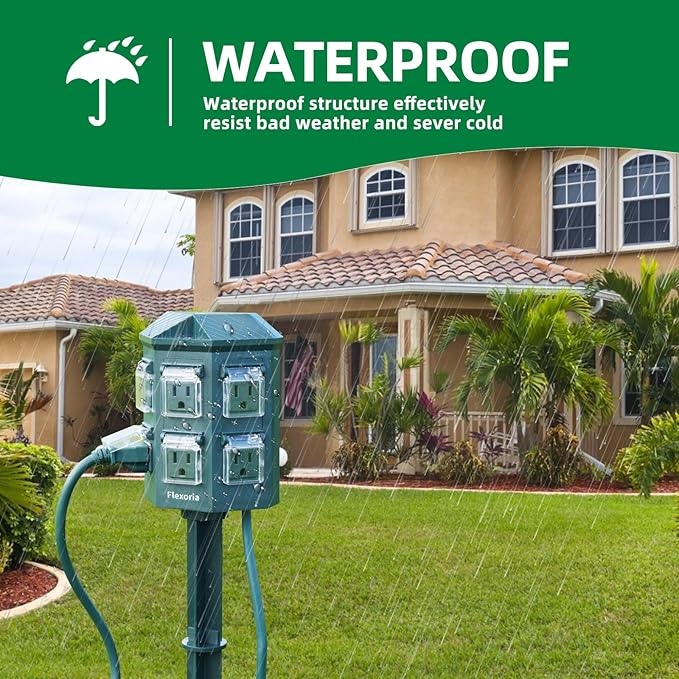 Outdoor Power Stake Timer, Remote Control Dusk to Dawn Light Timer, 25FT Extension Cord Waterproof, 6 Grounded Outlets for Outdoor Christmas Decorations, ETL Listed