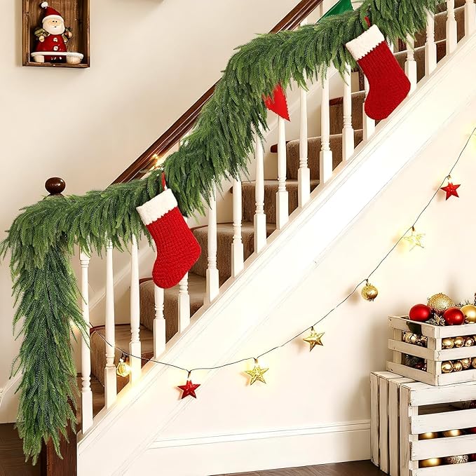 Christmas Norfolk Pine Garlands - 6ft Artificial Garland Faux Green Fake Pine Needles Garland for Fireplace,Table,Window,Stairs,Mante,Holiday Indoor Outdoor Xmas Decor(2PCS)