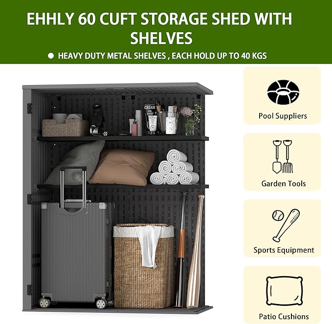 Vertical Resin Storage Shed with 2 Shelves, 60 Cuft Garden Tool Sheds & Outdoor Storage, Plastic Outdoor Storage Cabinet Waterproof, 4.5 x 2.3 ft Backyard Outside Lawn Mower Storage Shed, Grey
