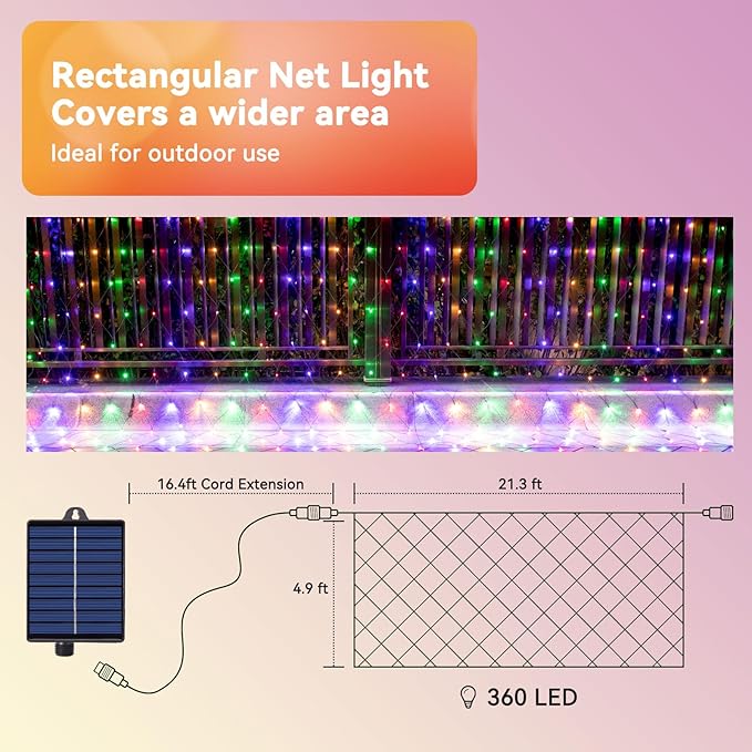 21ft x 5ft Solar Net Lights Outdoor, Solar & USB 2 Power Way 360 LED Waterproof Mesh Lights for Bushes, Remote Control 8 Modes String Light Trees Patio Garden Christmas Indoor Decor (Multicolor)