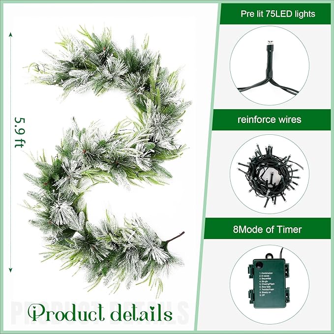 Joyhalo 6ft Flocked Christmas Garland Decorations with Lights Battery Operated Outdoor Prelit Garland for Mantle, Lighted Christmas Garland Indoor for Stairs Railing Fireplace