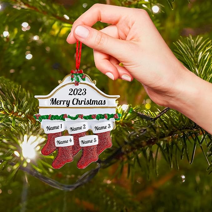 Personalized Christmas Ornaments 2023 Red Stocking Family of 2/3/4/5/6/7/8 Custom Christmas Ornament with Names Customized New Year Family Ornament for Christmas Tree Decor（Family of 5）