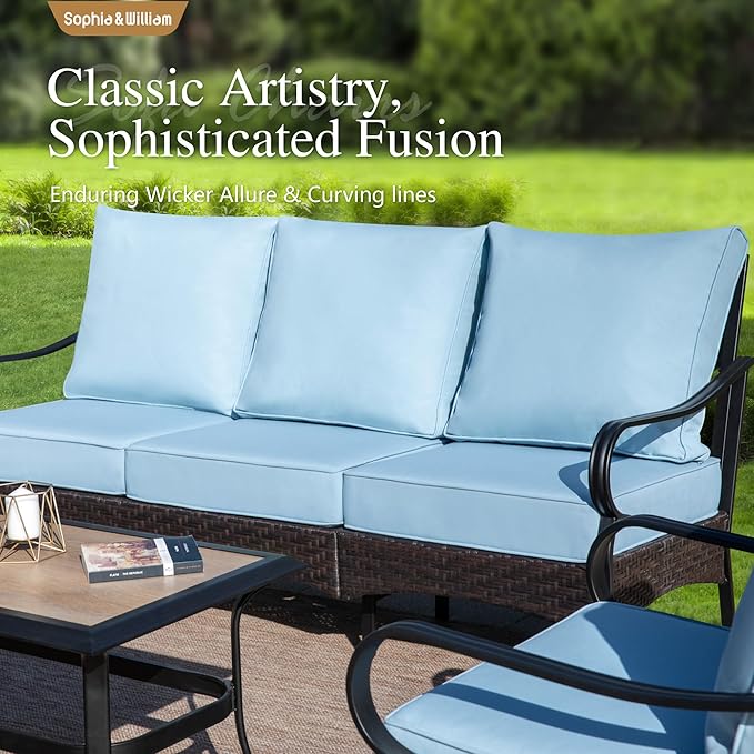 Sophia & William Patio Furniture Set, 5 Piece Metal Outdoor Conversation Set with 3-Seater Outdoor Couch, 2 Swivel Chairs, 1 Loveseat,1 Coffee Table for Outdoor Seating, Backyard, Porch(Blue)