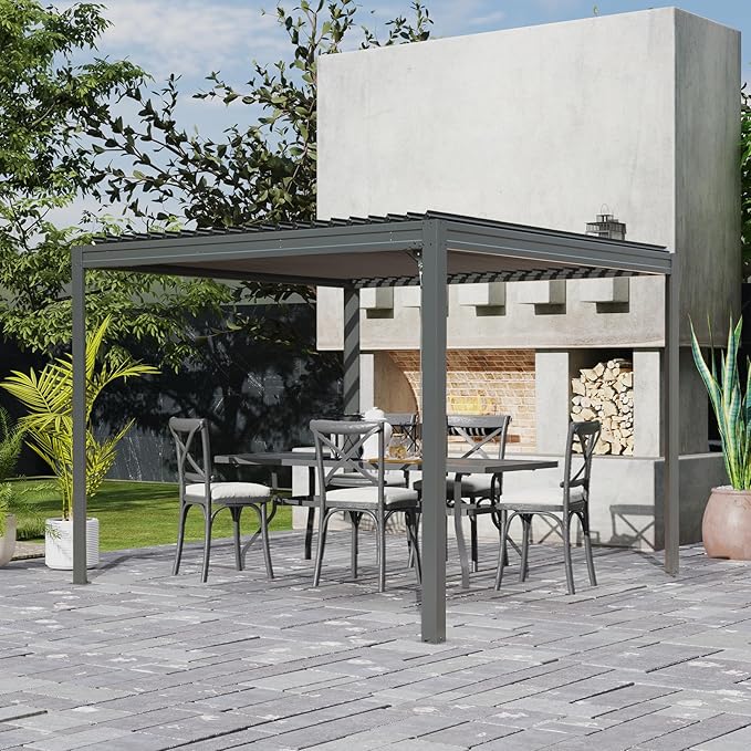 10’ x 10’ Louvered Pergola, Outdoor Pergola Aluminum Frame with Adjustable Rainproof Metal Roof, Permanent Sun Shade with Drainage System for Backyard, Garden and Lawn (Grey)