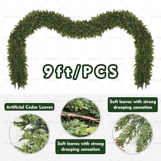 6/9ft Christmas Cedar Garland Artificial Realistic Soft and Thickness Green Faux Fake Full Cedar Pine Garland for Table, Mantle, Wall, Indoor, Outdoor Christmas Decorations (9FT)