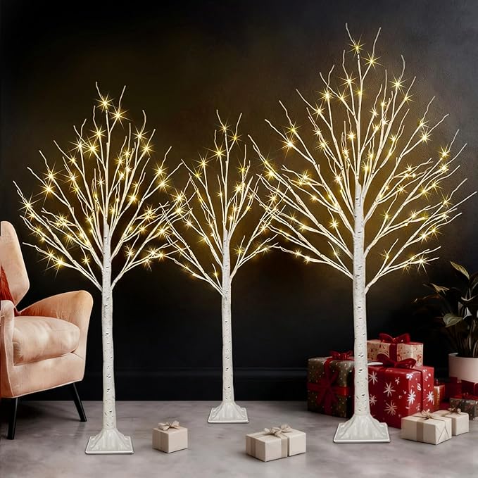 Set of 3 Lighted Birch Tree 4FT 5FT and 6FT, Higher Size, Timer Function Birch Christmas Tree with 144 LED Warm White Lights for Indoor Christmas Decorations Outdoor Yard Garden Home Bedroom Party