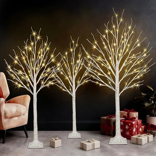Set of 3 Lighted Birch Tree 4FT 5FT and 6FT, Higher Size, Timer Function Birch Christmas Tree with 144 LED Warm White Lights for Indoor Christmas Decorations Outdoor Yard Garden Home Bedroom Party