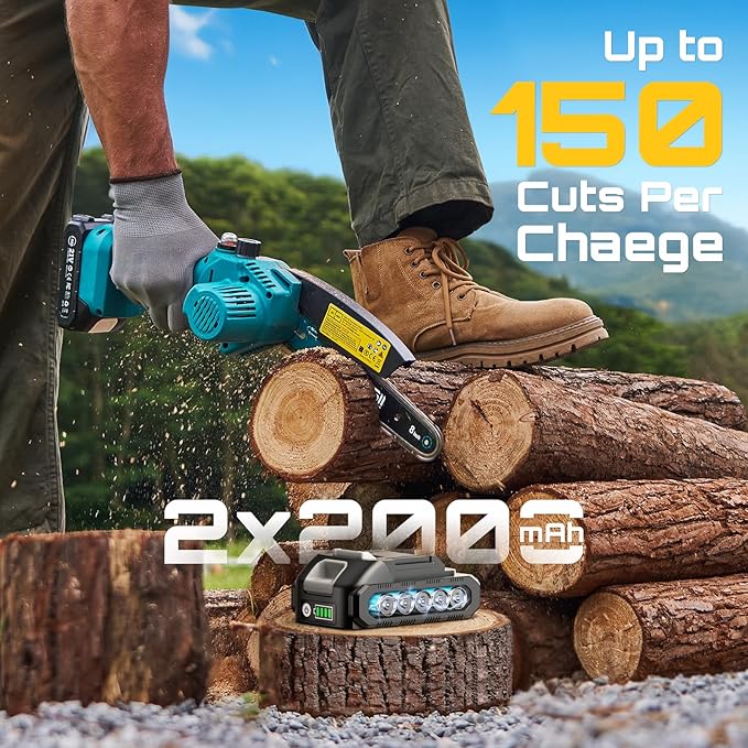 SEESII Mini Chainsaw 8 inch,Cordless Chainsaw w/ 2pcs 2000mAh Batteries,Oiler System & Replacement Chain,Handheld Chain Saw w/Safety Lock,Battery Powered Chain saw for Wood Tree Cutting,M8 Plus