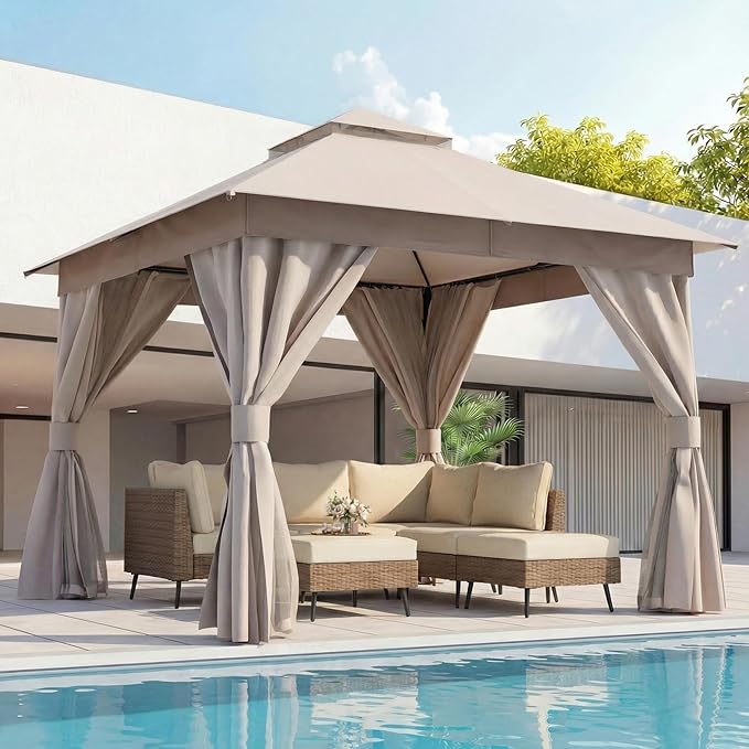 LAUSAINT HOME 10x10ft Outdoor Patio Gazebo with Double Roof, Heavy Duty Waterproof Gazebo Canopy Tent with Mosquito Netting for Backyard, Garden, Lawn & Wedding, Khaki