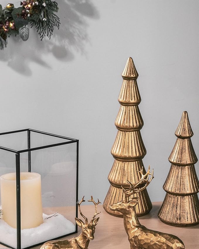 WONDROUS' DECO Christmas Tree Figurine Gold Wooden, Tree Figurines Decorative for Tabletop, Small Glittered Golden Xmas Trees Figurines for Christmas Mantle Indoor Decor