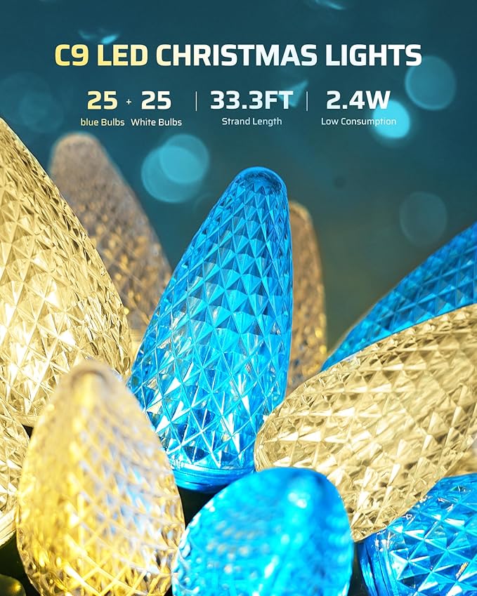 DEWENWILS C9 LED Christmas Lights Outdoor, 33.3ft 50LED Christmas String Lights, Outdoor Decorations for Christmas Tree, Patio, Garden, Yard, Green Wire, Blue & White, UL Listed
