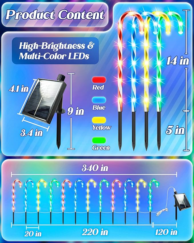 Anordsem Solar Christmas Decorations Outdoor: 21" Candy Cane Stake Lights 12 Pack - Waterproof LED 8 Colorful Lighting Models for Pathway Yard Garden Xmas Decor - 2026 New Year Gifts for Homeowners