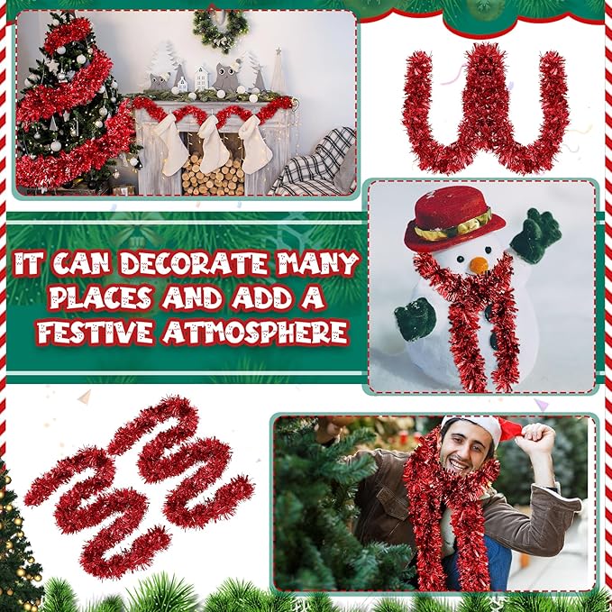 177 Feet Christmas Tinsel Garland Metallic Shiny Hanging Christmas Tree Tinsel Garland Ornaments for Indoor Outdoor Party Wedding Holiday(Red)