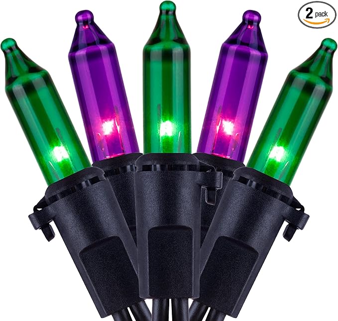 YULETIME 200 Green & Purple Halloween Lights with Black Wire, Pack of 2 Sets 33 ft 100 Count UL Certified Christmas String Lights (Green & Purple)