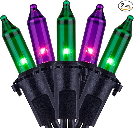 YULETIME 200 Green & Purple Halloween Lights with Black Wire, Pack of 2 Sets 33 ft 100 Count UL Certified Christmas String Lights (Green & Purple)